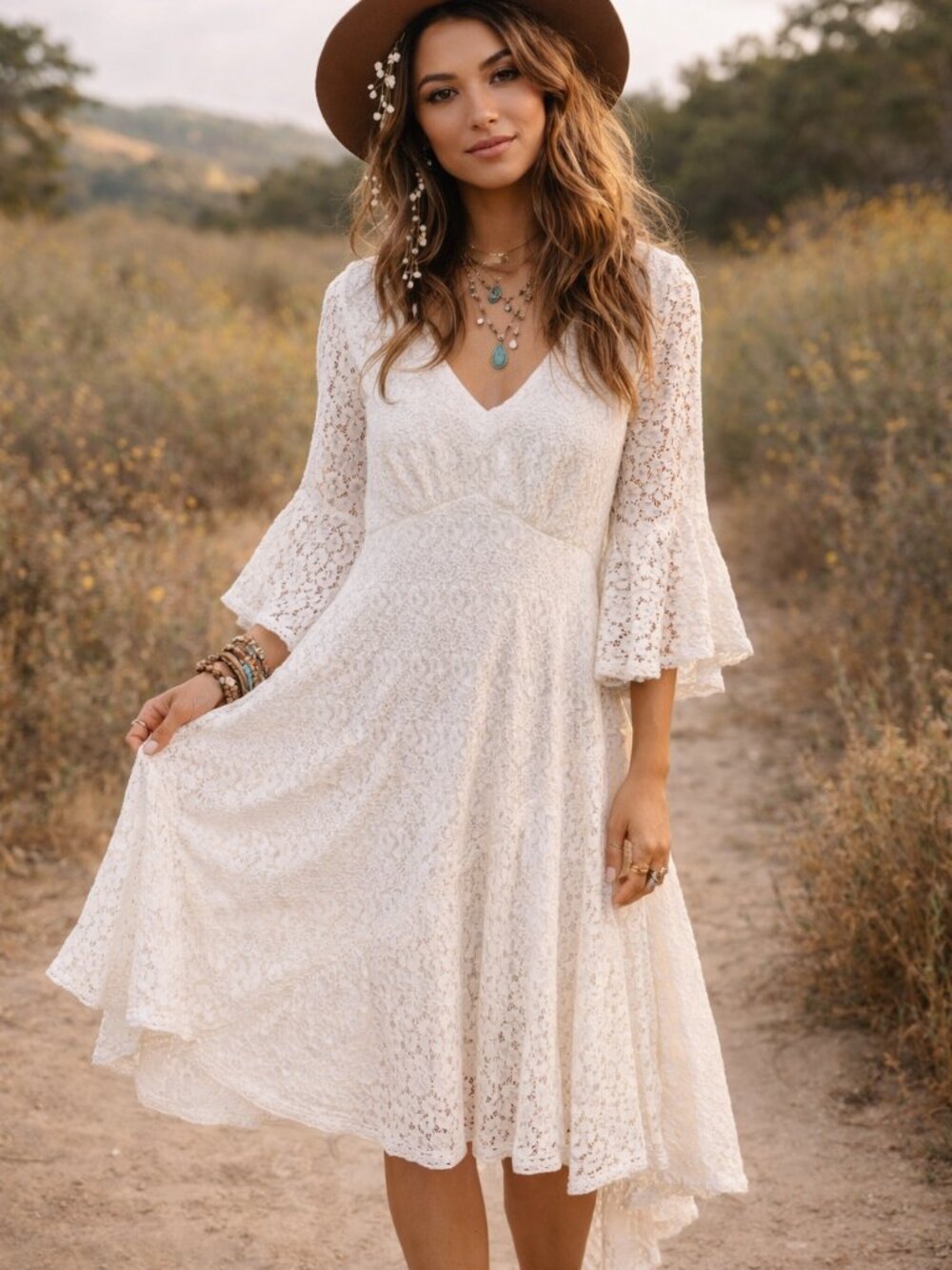 Rabbit Rabbit Rabbit White Bell Sleeve Crochet Midi Dress NWT